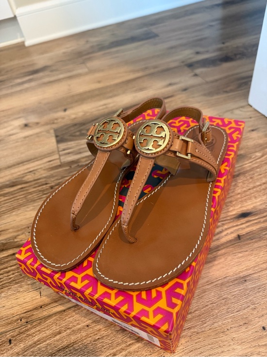 Tory Burch Shoes - Tory Burch Tan Leather Logo Thong Sandals with Gold Medallion
